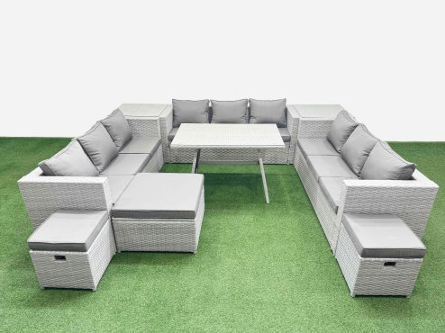 Fimous 12 Seat Outdoor Patio PE Rattan Garden Furniture with Cushions 3 Seater Sofa 2 Side Tables 3 Stool Light Grey