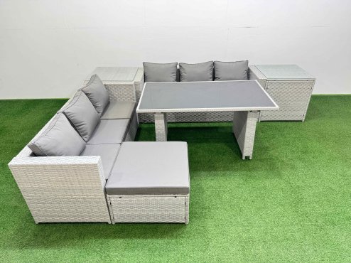 Fimous Rattan Garden Furniture Dining Set 7-seater Patio Rectangular Table Sofa Set with 2 Side Tables Big Stool Light Grey