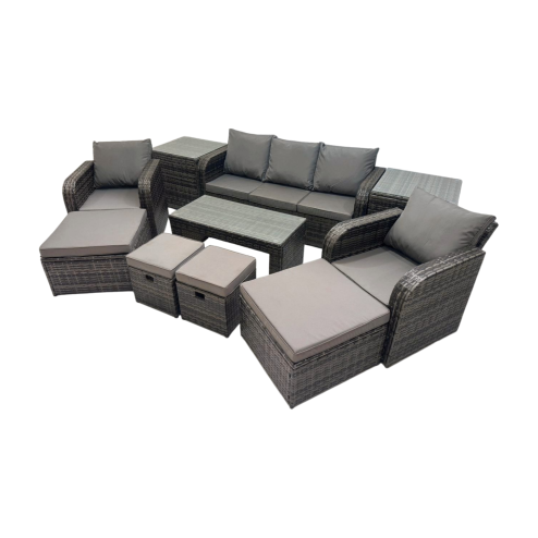 Fimous Rattan Garden Outdoor Furniture Set 3 Seater Sofa Reclining Chair Coffee Table with 2 Side Tables 4 Footstools Dark Grey Mixed