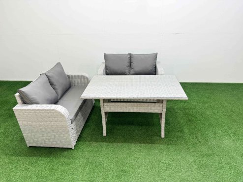 Fimous 4 Seater Outdoor Love Sofa Set Rattan Garden Furniture Set with Rectangular Dining Table Light Grey