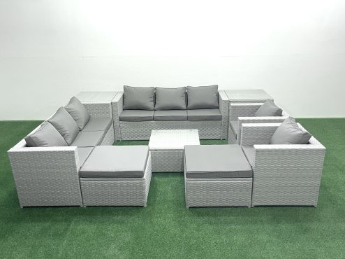 Fimous Outdoor Rattan Sofa Garden Furniture Set with 2 Armchairs Square Coffee Table 2 Big Footstools 2 Side Tables Light Grey Mixed
