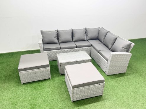 Fimous Garden Outdoor PE Rattan Furniture Set 8 Seater Rattan Garden Sofa Set with Oblong Coffee Table Light Grey Mixed