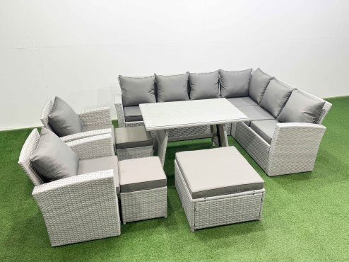 Fimous 11 Seater Garden Outdoor Rattan Furniture Set Rattan Corner Sofa Oblong Dining Table with 2 Armchairs 3 Footstools Light Grey Mixed