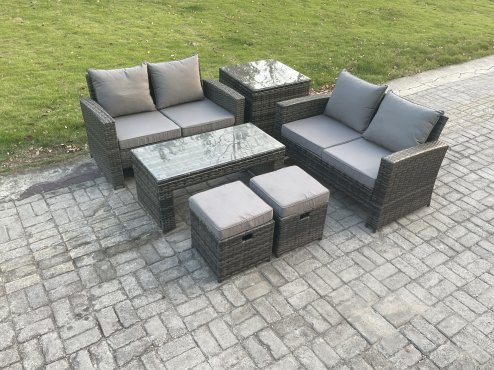 Fimous 6 Pieces Garden Furniture Sets Poly Rattan Outdoor Patio Furniture PE Wicker Furniture Set with Side Table 2 Small Footstool Loveseat and Table for Garden Backyard Dark Grey Mixed