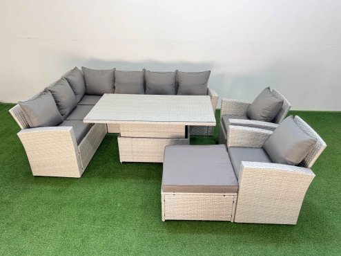 Fimous 9 Seat Rattan Outdoor Garden Furniture Corner Sofa Set Adjustable Lifting Dining or Coffee Table Set with Big Footstool Light Grey