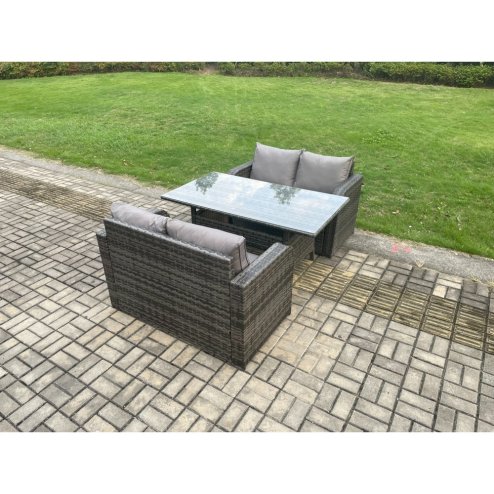 Fimous Patio Rattan Garden Furniture Set with Oblong Rectangular Dining Table 4 Seater Outdoor Loveseat Sofa Set Dark Grey Mixed