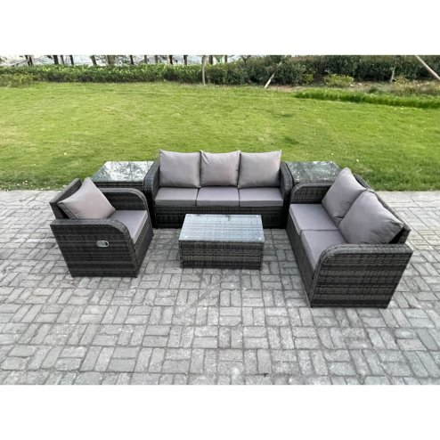 Fimous Patio Garden Furniture Sets Wicker 6 Seater Outdoor Rattan Furniture Sofa Sets with Rectangular Coffee Table Reclining Chair 3 Seater Sofa 2 Side Tables