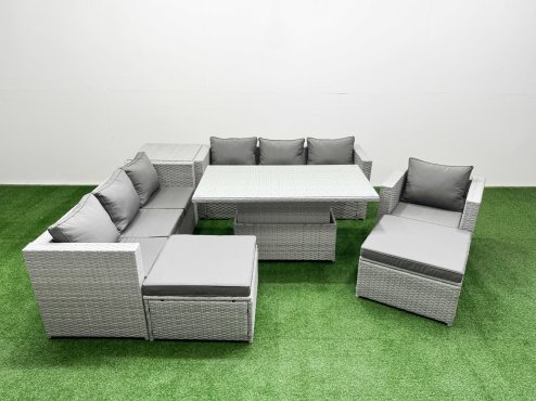 Fimous 7 PCs Rising Dining Table Set Rattan Furniture Set with 3 Seater Sofa Chair 2 Big Footstool Side Table Light Grey
