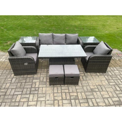 Fimous Outdoor Rattan Furniture Garden Dining Sets Height Adjustable Rising lifting Table Sofa Set With Chairs Side Tables 2 Small Footstools