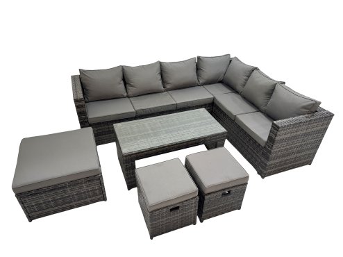 Fimous Outdoor Rattan Oblong Coffee Table Corner Sofa Sets Garden Furniture Set with 3 Stools Dark Grey Mixed