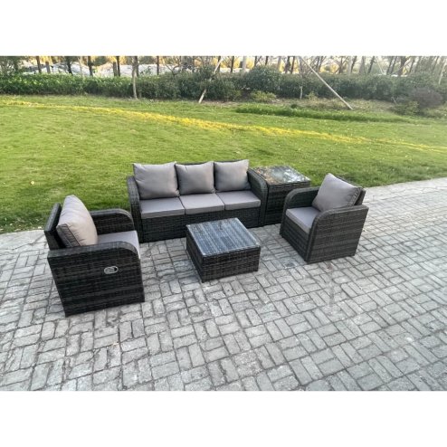 Fimous Garden Furniture Sets 5 Seater Wicker Rattan Furniture Patio Sofa Sets with Reclining Chair 3 Seater Sofa Side Table Dark Grey Mixed