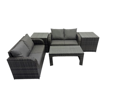 Fimous 3 Seater Sofa Reclining Chair Coffee Table Set Rattan Garden Outdoor Furniture Set with 2 Side Tables Dark Grey Mixed