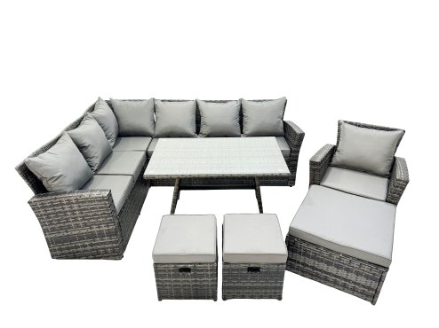 Fimous 10 Seat Rattan High Back Corner Sofa Set Patio Dining Table Set with 3 Footstool Dark Grey Mixed