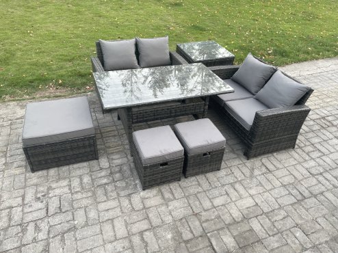Fimous 7 Seater High Back Outdoor Garden Furniture Rattan Sofa Dining Table Set with 3 Footstools Side Table Dark Grey Mixed