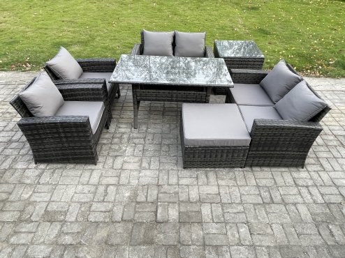 Fimous Rattan Garden Furniture Set 7 Seater Patio Outdoor Lounge Sofa Set with Oblong Dining Table Double Seat Sofa Side Table Big Footstool Dark Grey Mixed
