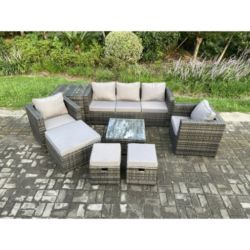 Fimous 8 Seater Wicker Rattan Garden Furniture Sofa Set with Side Table Armchair Square Coffee Table 3 Footstools Dark Grey Mixed