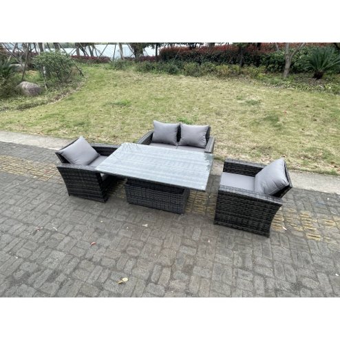 Fimous Rattan Outdoor Furniture Adjustable Rising Lifting Rectangle Dining Table Chairs Two Seater Love Sofa Sets 4 Seater