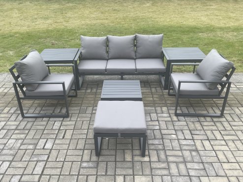 Fimous Aluminium 6 Seater Outdoor Lounge Sofa Set Garden Furniture Sets with Square Coffee Table Chair Big Footstool 2 Side Tables Dark Grey