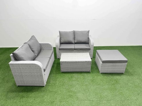 Fimous 5 Seater Outdoor Love Sofa Set Rattan Garden Furniture Set with Rectangular Coffee Table Big Footstool Light Grey