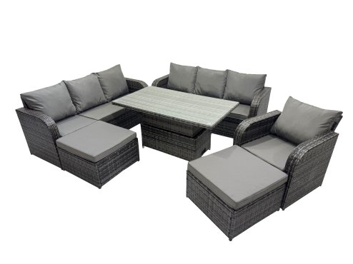 Fimous Rattan Garden Furniture Dining Set 9-seater Patio Height Adjustable Rising Lifting Table Sofa Set with 2 Big Footstool Dark Grey Mixed