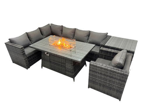 Fimous Rattan Garden Furniture Dining Set 7-seater Gas Firepit Dining Table Corner Sofa Set with Side Table Dark Grey Mixed