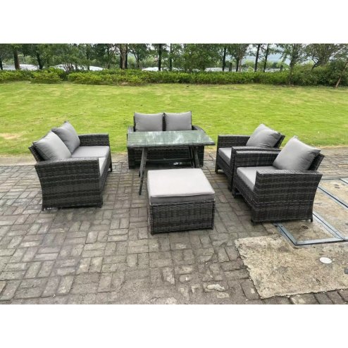 Fimous 7 Seater Outdoor Dark Grey Mixed High Back Rattan Sofa Dining Table Set Garden Furniture Love Sofa Arm Chair
