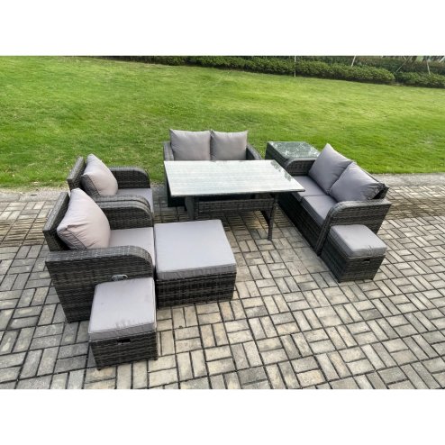 Fimous Outdoor Rattan Garden Furniture 9 piece Grey Patio Furniture Set 9 Seater Lounge Sofa Set with Rectangular Table Reclining Chairs 3 Stools Side Table