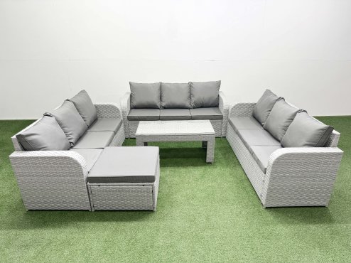 Fimous PE Rattan Lounge Sofa Set 10 Seater Outdoor Garden Furniture Set with Oblong Coffee Table 3 Seater Sofa Big Footstool Light Grey