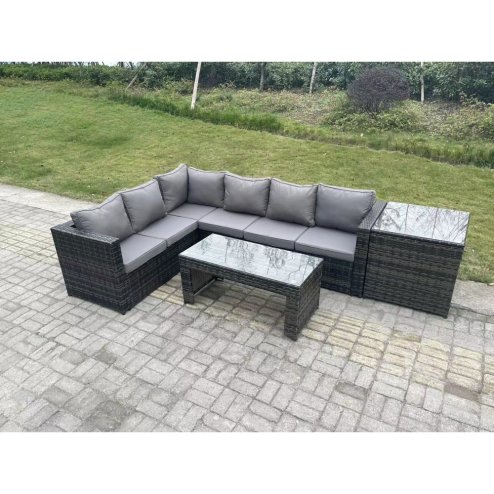 Fimous 6 Seater Rattan Corner Sofa Lounge Sofa Set With Rectangular Coffee Table Side Table Dark Grey Mixed Left Hand