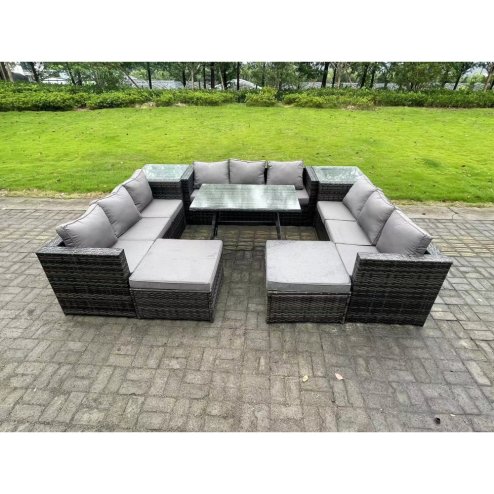 Fimous 11 Seater Wicker PE Rattan Outdoor Furniture Lounge Sofa Garden Dining Set with Dining Table 2 Side Tables 2 Big Footstools Dark Grey Mixed