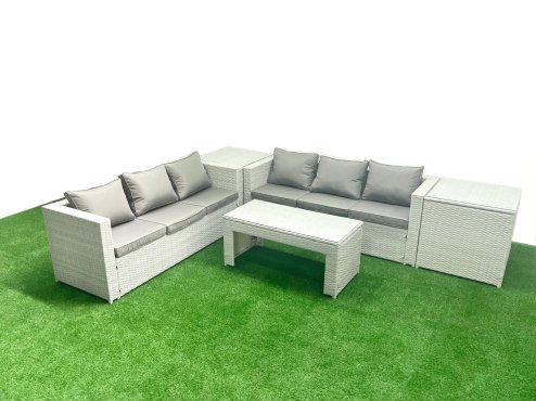 Fimous 6 Seater Garden Outdoor Rattan Furniture Set Rattan Garden Sofa Oblong Coffee Table with 2 Side Tables Light Grey Mixed