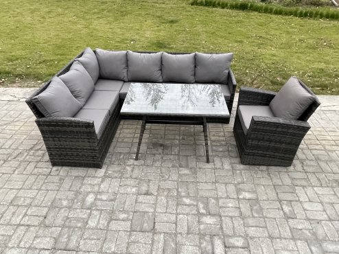 Fimous Wicker Rattan Garden Furniture Corner Sofa Set with Oblong Dining Table Armchair 7 Seater Outdoor Rattan Set Dark Grey Mixed