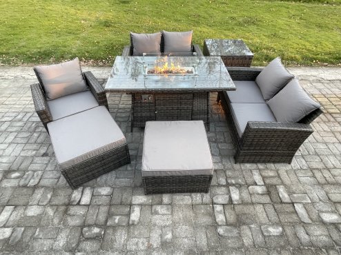 Fimous 7 Seater Rattan Outdoor Garden Furniture Gas Fire Pit Table Sets Gas Heater with Love Sofa Armchair 2 Big Footstool Side Table Dark Mixed Grey