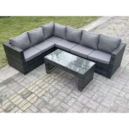 Fimous 6 Seater Rattan Corner Sofa Lounge Sofa Set With Rectangular Coffee Table Dark Grey Mixed Left Hand