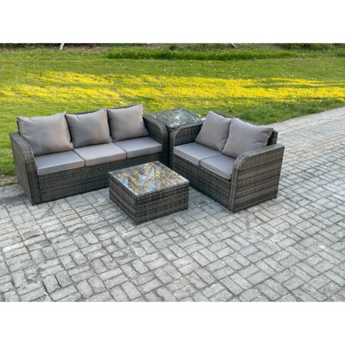 Fimous PE Rattan Garden Furniture Sets 5 Seater Outdoor Lounge Sofa Set Square Coffee Table Side Table