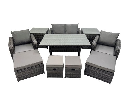 Fimous 8 Seat Outdoor Wicker PE Rattan Garden Furniture Set Dining Table Sofa Sets with 4 Stools 2 Side Table Dark Grey Mixed