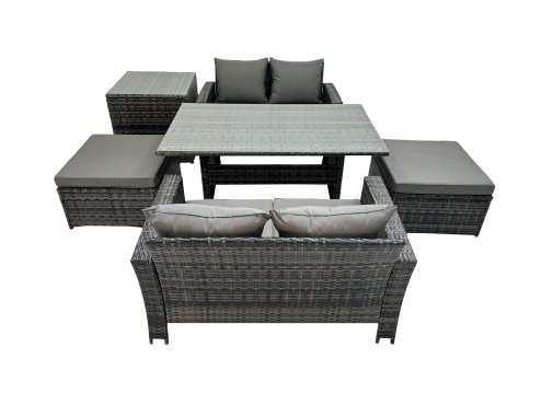 Fimous 6 Seater Wicker PE Rattan Furniture Outdoor Dining Table Double Seat Sofa Side Table 2 Big Stools Set Dark Grey Mixed