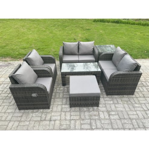 Fimous Rattan Garden Furniture Set with Rectangular Coffee Table Side Table Big Footstool 7 Seater Patio Outdoor Lounge Sofa Set