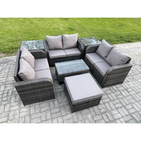 Fimous Outdoor Garden Furniture Sets 7 Seater Wicker Rattan Furniture Sofa Sets with Rectangular Coffee Table Love Sofa 2 Side Tables Big Footstool Dark Grey Mixed