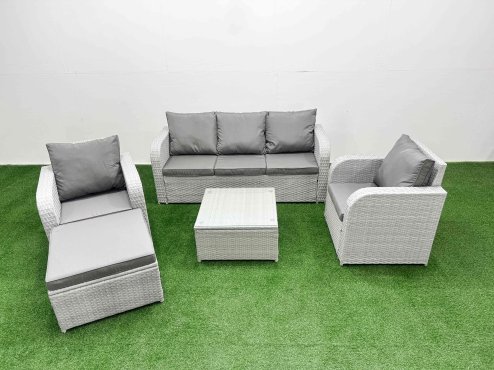 Fimous PE Rattan Garden Furniture Set Reclining Chair Sofa Lounge Sofa Set Square Coffee Table Big Footstool Light Grey