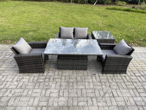 Fimous Outdoor Garden Dining Sets 4 Seater Rattan Patio Furniture Sofa Set with Rising Lifting Table Side Table Dark Grey Mixed