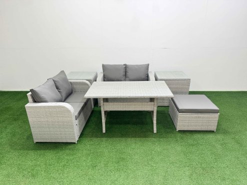 Fimous 5 Seater Outdoor Love Sofa Set Rattan Garden Furniture Set with Rectangular Dining Table Big Footstool 2 Side Tables Light Grey
