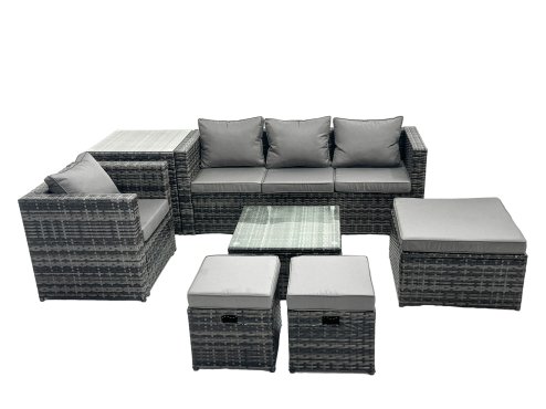 Fimous Outdoor Rattan Garden Furniture Set 7 Seater Patio Lounge Sofa Set with Armchair Square Coffee Table Side Table 3 Footstools Dark Grey Mixed