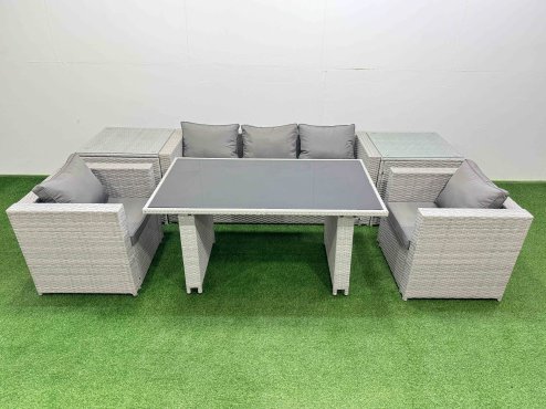 Fimous Patio Garden Furniture Sets with Black Glass Top Dining Table Armchair 3 Seater Sofa 2 Side Tables Light Grey