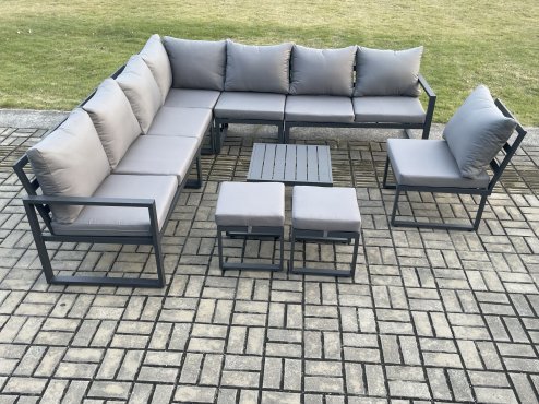 Fimous 10 Seater Patio Outdoor Garden Furniture Aluminium Lounge Corner Sofa Set with Square Coffee Table 2 Small Footstools Dark Grey