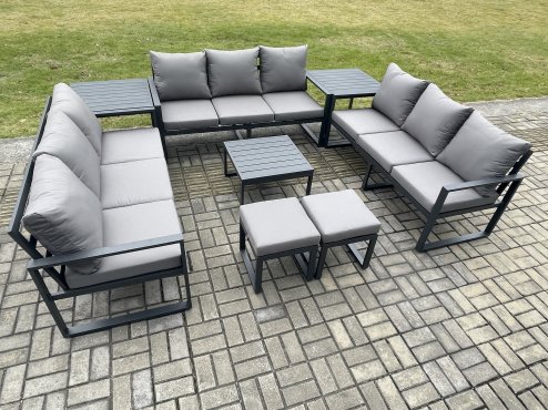 Fimous Aluminium 11 Seater Outdoor Garden Furniture Set Patio Lounge Sofa with Square Coffee Table 2 Side Tables 2 Small Footstools Conservatory Set Dark Grey