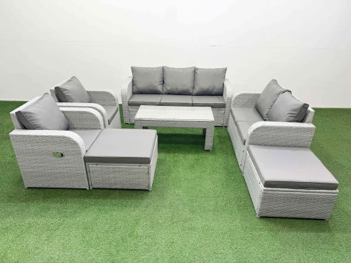 Fimous PE Rattan Garden Furniture Set Adjustable Chair Sofa Double Love Seat 2 Seater Sofa Lounge Set Rectangular Coffee Table 2 Big Footstool Light Grey
