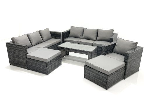 Fimous 9 Seater Rattan Garden Outdoor Furniture Set with 3 Seater Sofa Coffee Table 2 Big Footstool