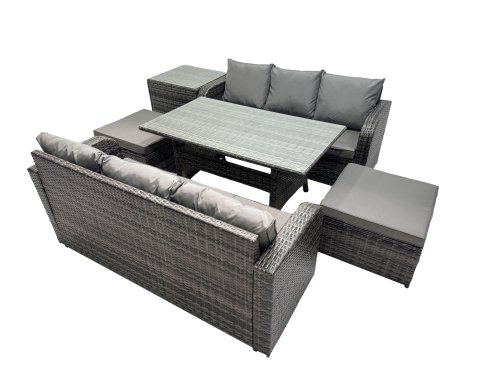 Fimous 8 Seat Outdoor Wicker PE Rattan Garden Furniture Set Dining Table Sofa Set with 2 Big Stool Side Table Dark Grey Mixed