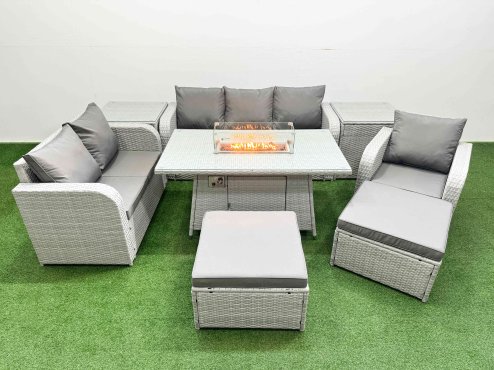Fimous Patio PE Wicker 8 Seater Outdoor Rattan Furniture Sofa Sets with Firepit Dining Table Reclining Chair Loveseat Sofa 3 Seater Sofa 2 Big Footstools 2 Side Table Light Grey